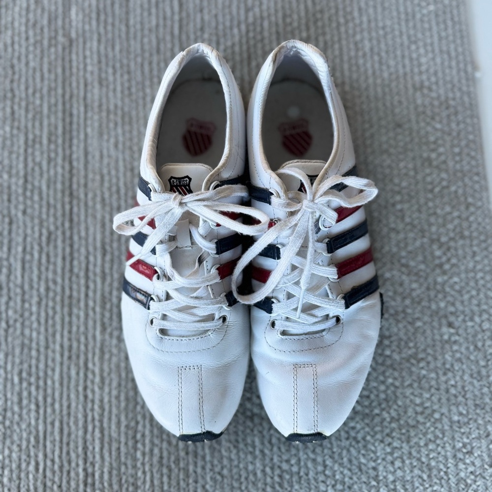 K-Swiss Heritage Classic White Leather Red Navy Blue Striped Tennis Shoes 9
